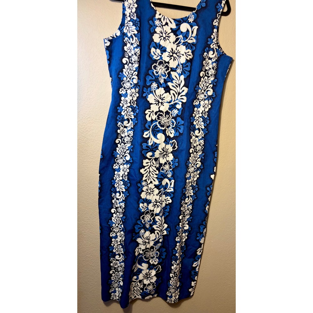 Vintage Blue Hibiscus Floral Tropical Sleeveless Maxi Dress Back Zip L